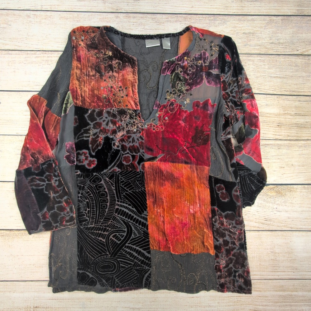 VTG Chico's Silk Velvet Patchwork Beaded Boho Witchy Romantic Tunic Top‎ size 1